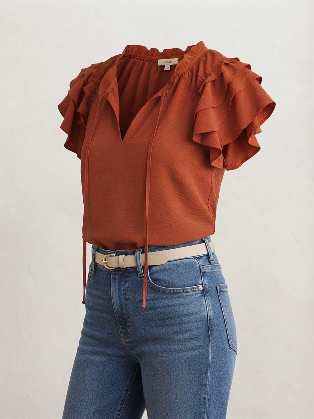 Rust Ruffled Tie-Detail Blouse